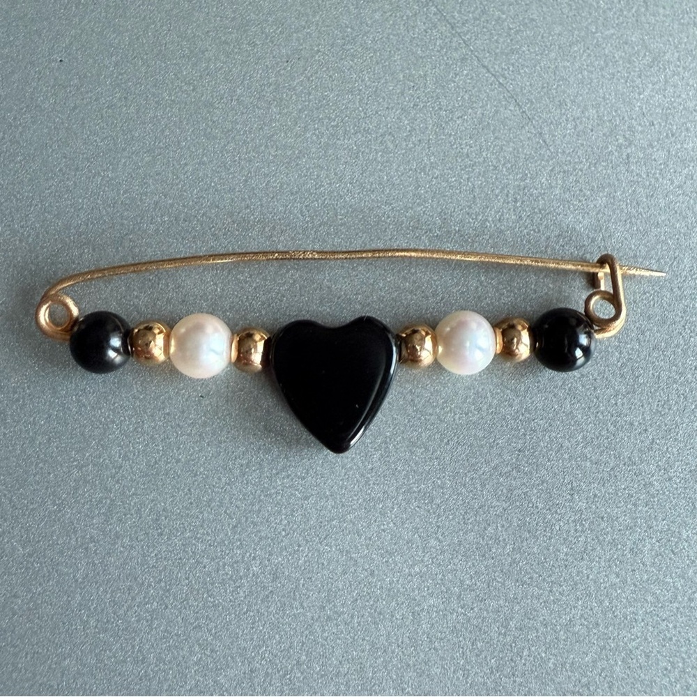 Vintage 14k Gold Onyx Heart And Pearl Pin Brooch